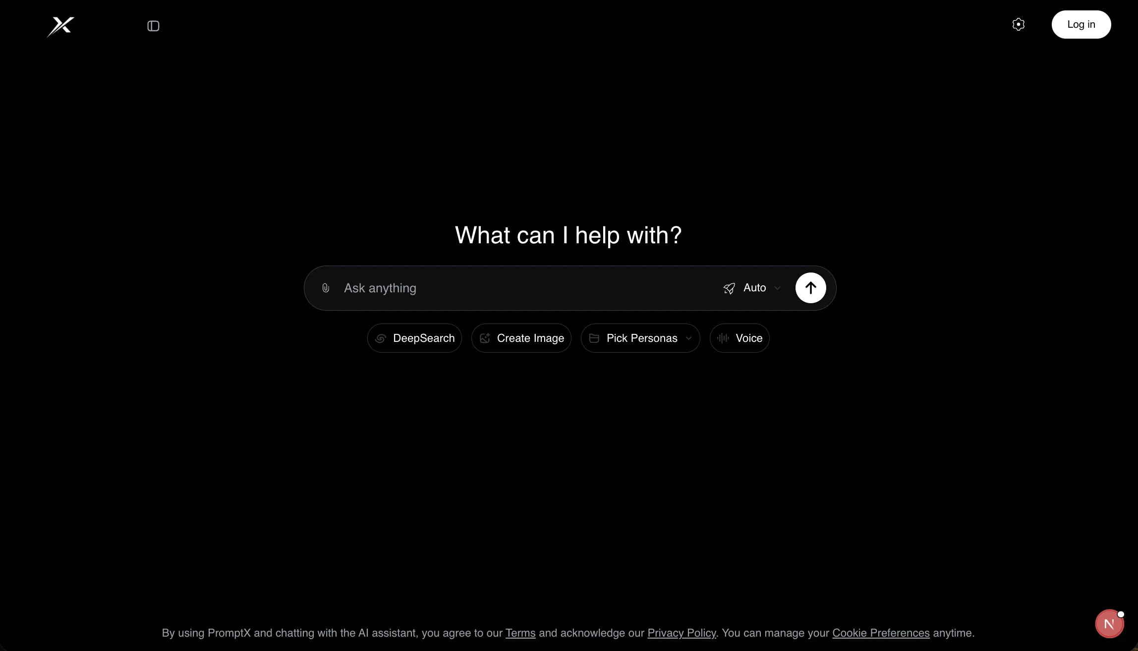 PromptX AI chat interface showing the prompt input screen with quick-action shortcuts